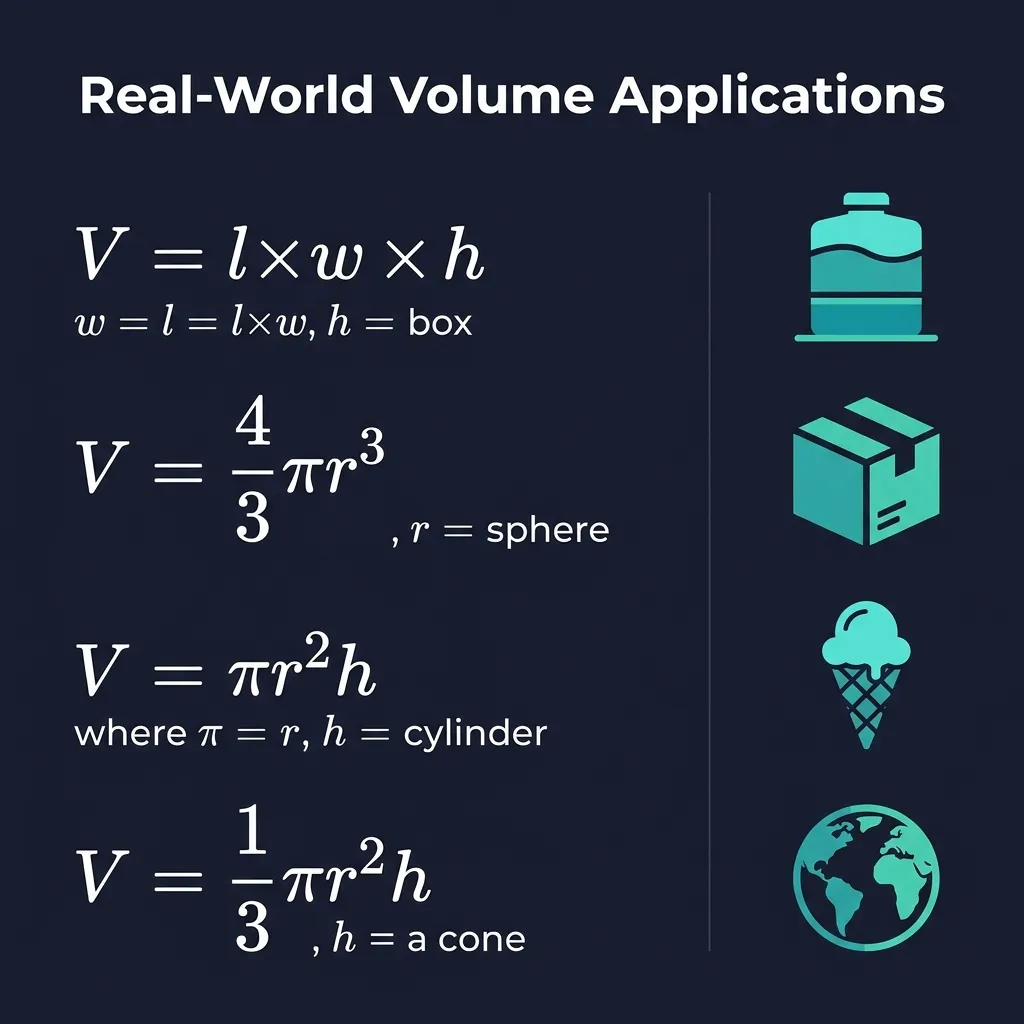 Volume Calculator real-world applications infographic showing water tanks, shipping boxes, and volume formulas for sphere, cylinder, cone, and cube