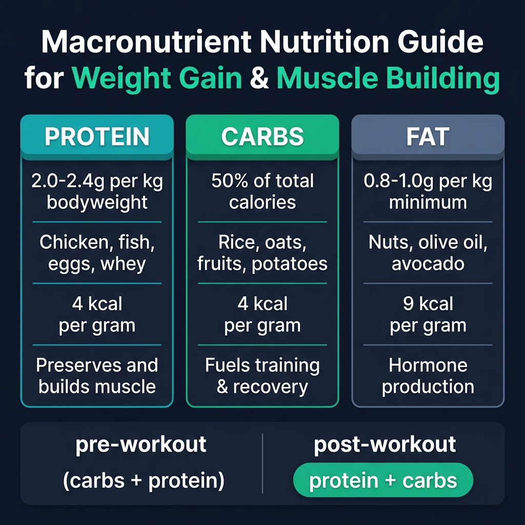 Macronutrient nutrition guide for weight gain and muscle building — protein carbs and fat targets with meal timing