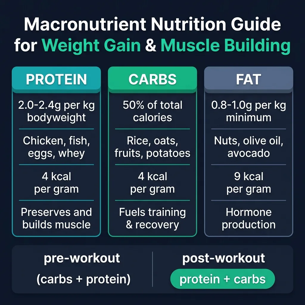 Macronutrient nutrition guide for weight gain and muscle building — protein carbs and fat targets with meal timing
